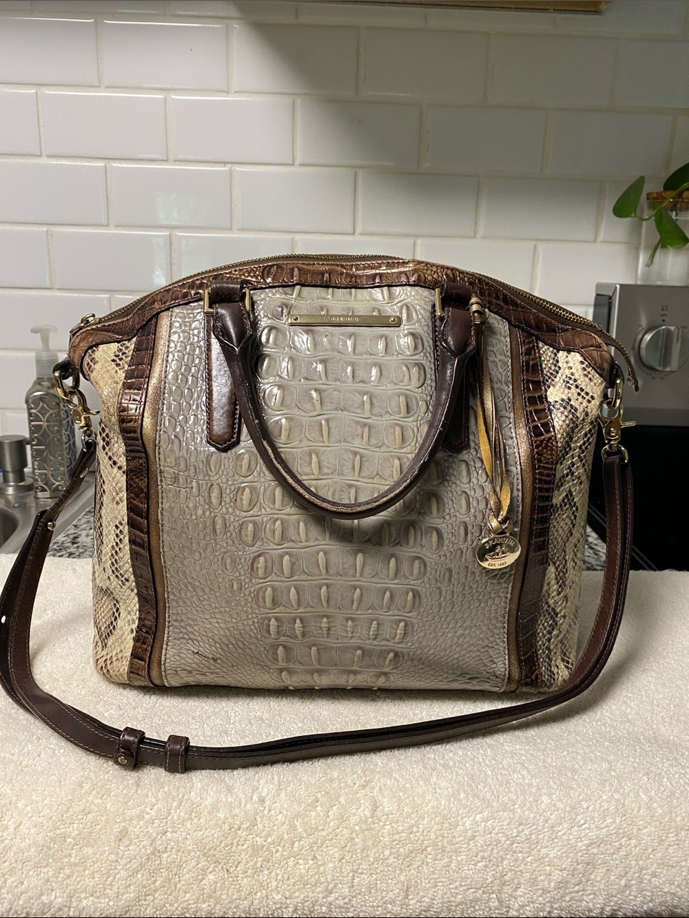 Brahmin Taupe, Brown & Cream Croc-Embossed Shoulder bag